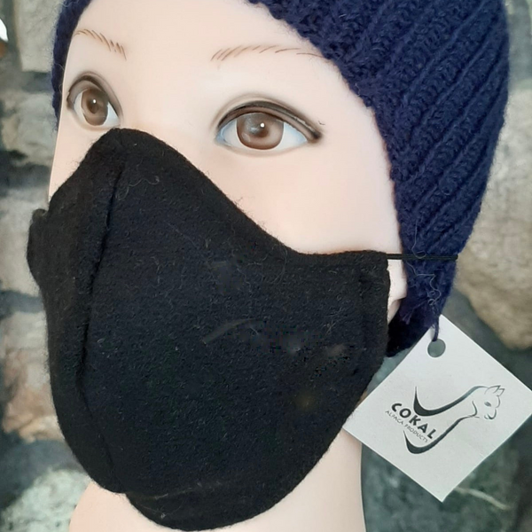 100% Royal Alpaca Wool Face Mask, handmade, black, anatomical shape
